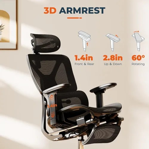 Miniatura 8 de ErgoChair Ultra, silla ergonómica de oficina con respaldo alto, soporte lumbar 2D, reposapiés, reposacabezas 3D, base de metal resistente, cómodo
