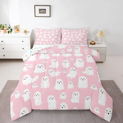Miniatura 26 de Feelyou Juego de edredón de Halloween, color rosa fantasma, juego de ropa de cama tamaño individual, decoración para niños y niñas, lindo juego