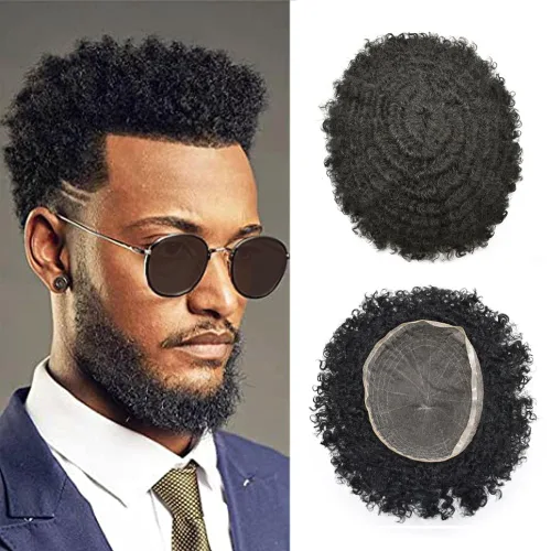 Miniatura 21 de Pelucas afro rizadas para hombre, con encaje francés, de 10 x 8 pulgadas, completamente transparente, de repuesto, sistema de cabello humano rizado