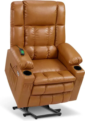 Miniatura 16 de MCombo Silla reclinable eléctrica de motor dual para adultos mayores, silla de elevación plana con calor y masaje, portavasos, puertos USB, piel
