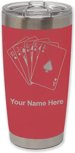 Miniatura 25 de LaserGram Vaso aislado al vacío de 20 onzas, tarjetas de póquer Royal Flush con grabado personalizado incluido (negro)
