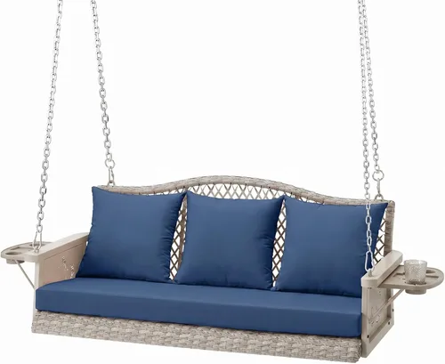 Miniatura 10 de ZZW Columpio colgante de mimbre mejorado para porche, resistente de 900 libras, 3 asientos, para patio, para adultos, con cadenas colgantes de 8.9
