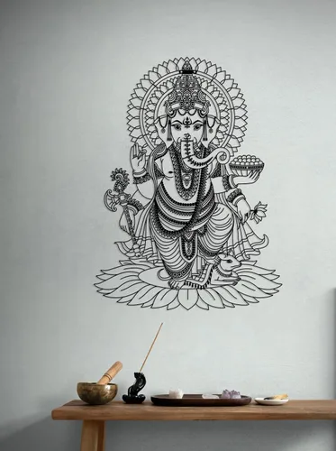 Miniatura 12 de Arte de pared de Ganesha, estatutos y decoraciones de metal - Decoración de elefante hindú e indio para el hogar (Ganesha 1)