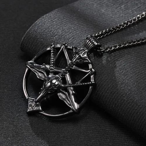 Miniatura 3 de Collar de pentagrama invertido de Satanás Colgante de calavera de cabeza de cabra baphomet de acero inoxidable, joyería satánica de cabra