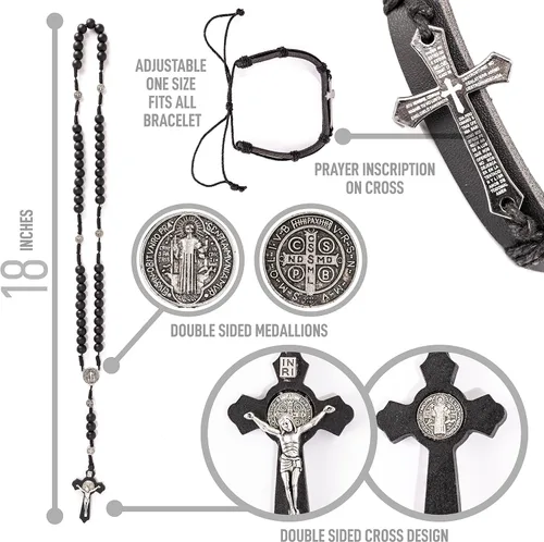 Miniatura 2 de MAZUNDA Cuentas de rosario, perfectas para hombres y grandes mujeres católicas con medalla de San Benito, pulseras de cruz de cuero de cortesía