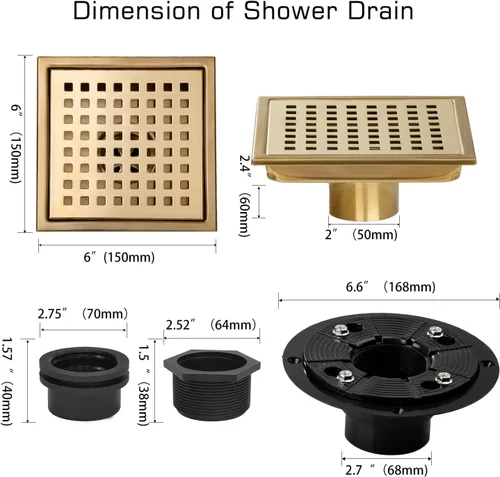 Miniatura 6 de Desagüe de ducha cuadrado, drenaje de ducha dorado de 6 pulgadas con brida y cubierta de rejilla extraíble, drenaje de piso de ducha dorado AISI 304