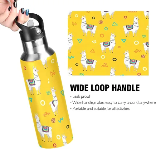 Miniatura 4 de BPA-Free Sports Water Bottle with Straw 20 Oz, Insulated Stainless Steel Water Bottle with Straw for Gym Outdoor Travel School, White Llamas Yellow