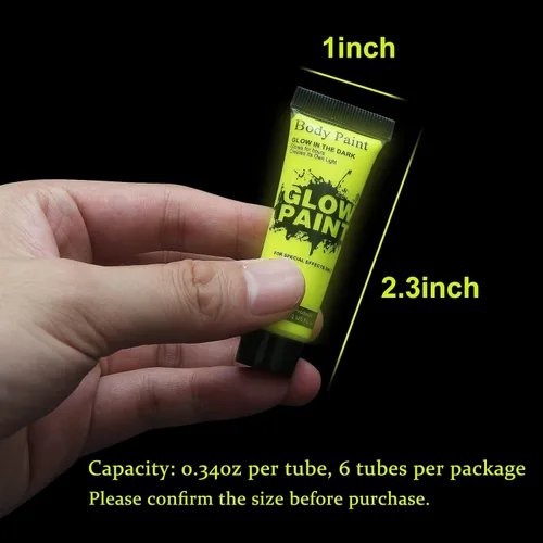 Miniatura 5 de GARYOB - Pintura para rostro y cuerpo que brilla en la oscuridad, luz UV y neón, fluorescente, 0.34 onzas, juego de 6 tubos 6 colores x 0.3 fl oz
