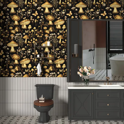 Miniatura 4 de Papel tapiz vintage de hongos para despegar y pegar, papel de contacto floral negro y dorado, papel de pared bohemio para pegar en el gabinete