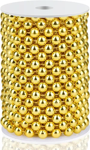 Guirnalda de Perlas de 10MM, 10.06 Metros de Cadena de Perlas de Imitación Dorada, Rollo de Hilo para Decoración de Boda y Fiesta, Adornos para