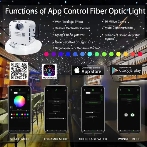 Miniatura 2 de AKEPO - Kit de luces de fibra óptica APP Twinkle de 32 W, activadas por música, RGBW, para estrella de techo, 1200 unidades, 5 m, 0.75 mm, cable