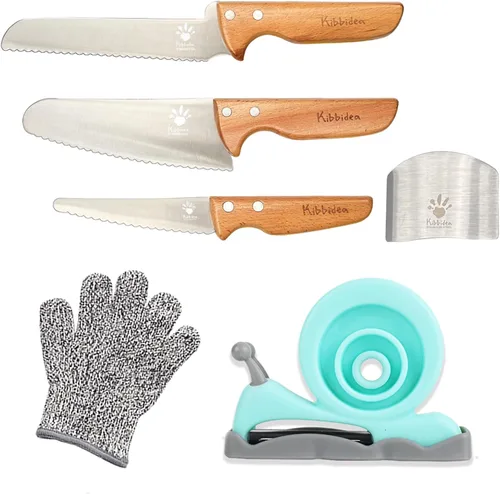Kibbidea Cuchillos seguros para niños con pelador, juego de cocina para niños sin BPA para cocina real, juego de cuchillos infantiles de acero