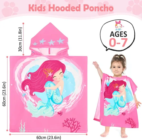 Miniatura 5 de HUANLANG Toalla de playa con capucha para niños y niñas, toalla de playa para baño, piscina, poncho de playa, toalla de algodón súper suave y Sirena