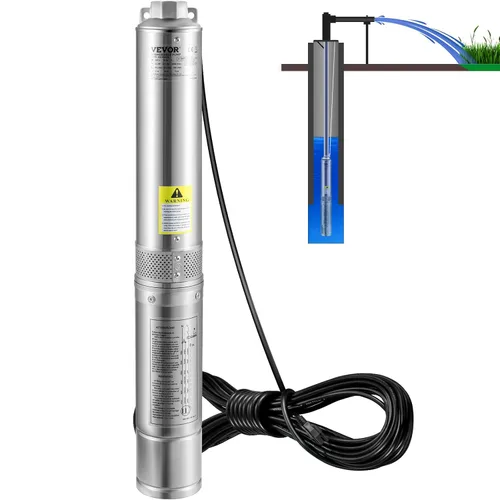 VEVOR Bomba Sumergible de Pozo Profundo, 1HP 115V/60Hz, Flujo de 37gpm Cabeza de 207ft, con Cable Eléctrico de 33ft, Bomba de Agua de Acero