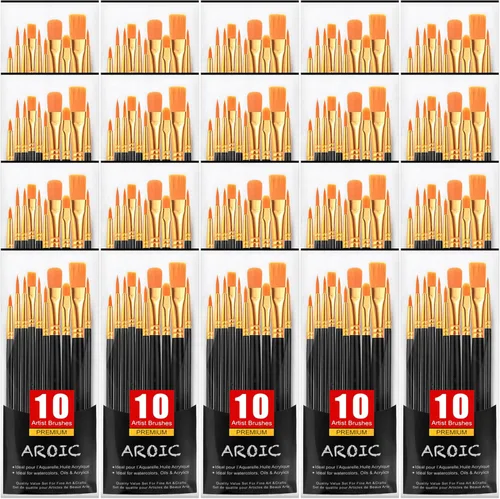 Juego de pinceles de pintura acrílica, (20 paquetes/200 unidades), cepillos de pelo de nailon para óleo y acuarela, juego perfecto de pintura Negro