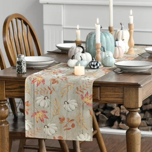 Miniatura 3 de Artoid Mode Camino de mesa de otoño de madera beige con hojas de arce, decoración de mesa de comedor de cocina de otoño de temporada para decoración