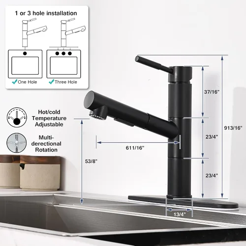Miniatura 5 de Grifo de cocina negro con pulverizador, grifo de fregadero de cocina negro con rociador extraíble, moderno grifo de fregadero de barra de acero