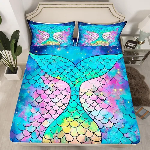 Miniatura 8 de Erosebridal Sábanas de cama de sirena azul para niñas, bonita sábana bajera ajustable de unicornio, 2 piezas, ropa de cama de arcoíris femenino