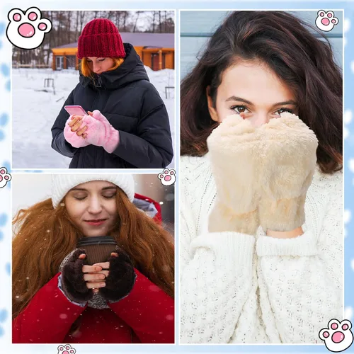 Miniatura 4 de Guantes de pata de gato, 3 pares de guantes kawaii, patas de gato, cosplay, piel sintética, guantes de gato, patas de león, guantes sin dedos