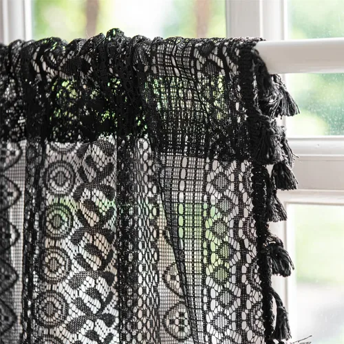 Miniatura 5 de Deeprove - Cenefa de cortina bohemia negra de 18 pulgadas de largo para cocina y cafetería, cortina corta bohemia de encaje transparente de crochet