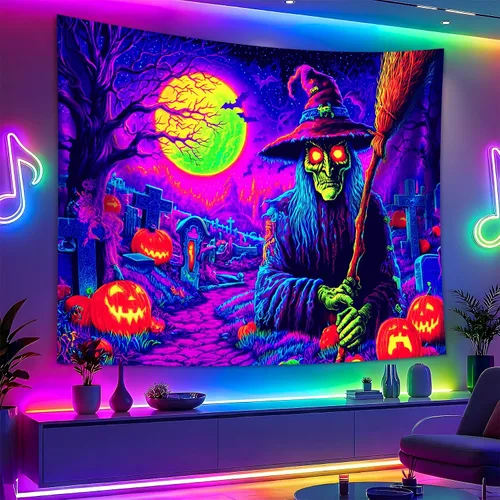 Miniatura 30 de BVBOX Tapiz de Halloween con luz negra, reactivo a los rayos UV que brilla en la oscuridad, póster de tapiz trippy con luz negra para sala de estar