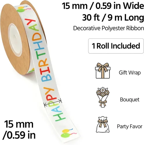 Miniatura 2 de Rollo de cinta de feliz cumpleaños para envoltura de regalos, 0.591 in x 30 pies, cinta de regalo de cumpleaños impresa blanca para manualidades