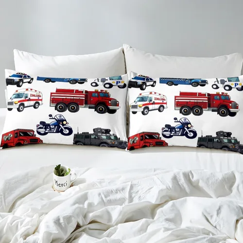 Miniatura 4 de Juego de ropa de cama para niños de policía para niños, tamaño individual, camión de bomberos, ambulancia, sábana bajera ajustable de dibujos