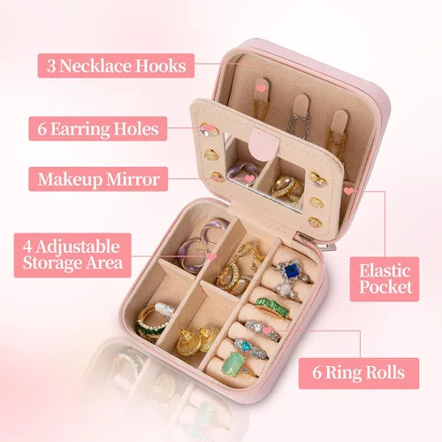 Miniatura 2 de Ulico Joyero de viaje para joyas, organizador de joyas pequeño con espejo, caja organizadora de joyas, artículos esenciales de viaje, regalos