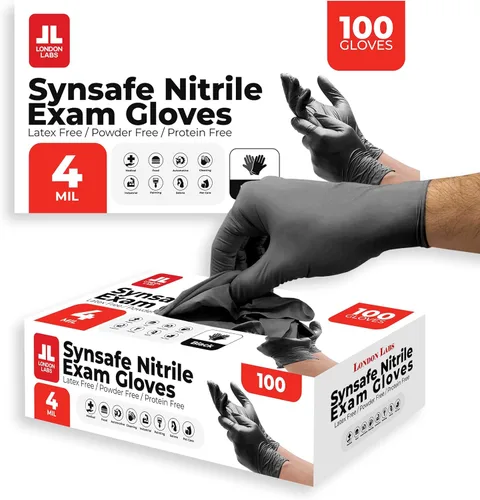 Miniatura 8 de London Labs Synsafe 4 Mil - Guantes de nitrilo negros para examen – Desechables, sin látex ni polvo – Guantes de goma extra fuertes – Kit