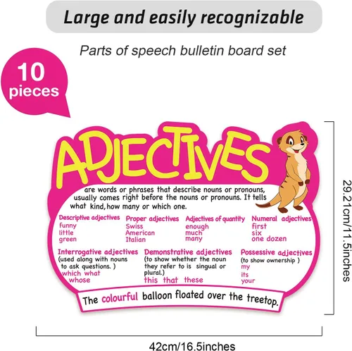 Miniatura 2 de Outus Póster de 10 piezas de discurso para aula, gramática, recortes de gramática educativa, juego de tablones de anuncios para profesores