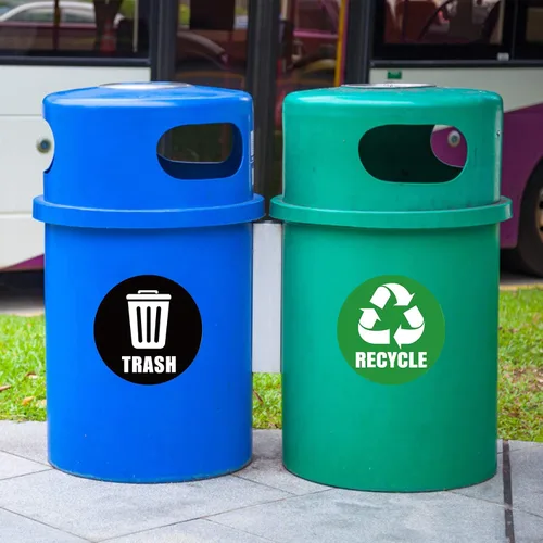 Miniatura 4 de Calcomanías autoadhesivas con logotipo de reciclaje y basura, letreros redondos para botes de basura y contenedores de basura (6 unidades)
