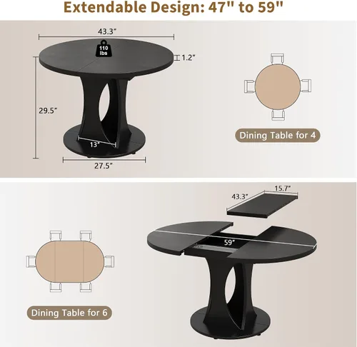 Miniatura 2 de iPormis Mesa de comedor extensible de 43 a 59 pulgadas, mesa de cocina redonda con pedestal de arcos modernos, mesa de comedor ovalada con hojas