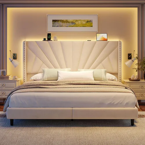 Miniatura 9 de EnHomee Base de cama tamaño King con cabecera de 1,30 m de altura con respaldo de alas, cama tapizada en terciopelo con plataforma, estación de Beige