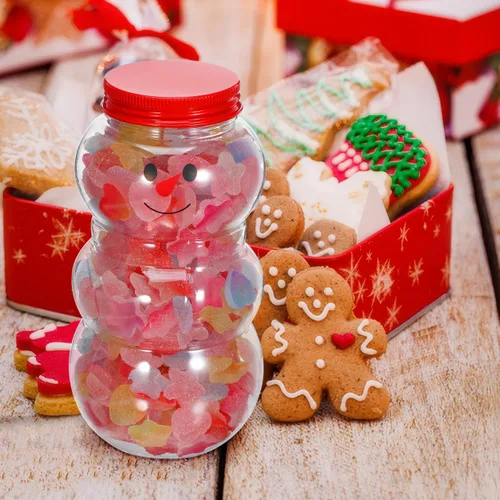 Miniatura 6 de PRETYZOOM 10 juegos de botellas de jugo de muñeco de nieve con tapa, tarro de plástico transparente de Navidad con bufandas de punto, sombreros