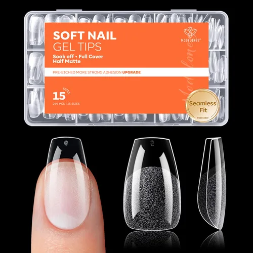 Miniatura 16 de Modelones 240 puntas de uñas de gel de almendra, uñas de gel suave de cobertura completa de grano 40 pregrabadas, medio mate, 15 tamaños, puntas