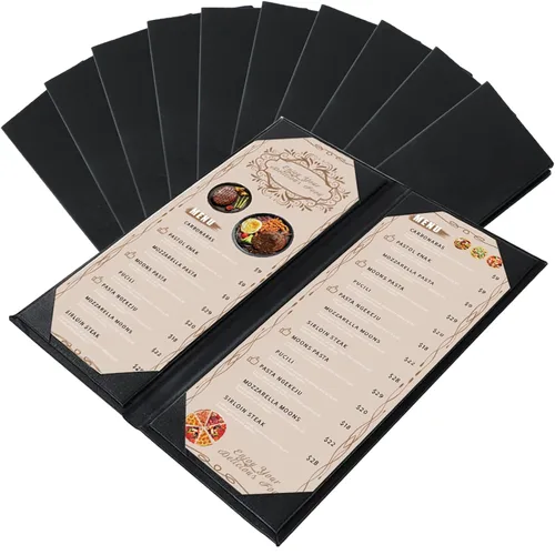Miniatura 7 de Fundas para menú de restaurante de 4.25 x 11 pulgadas Paquete de 10 paneles de cuero sintético cuádruples con 6 esquinas anguladas para vista