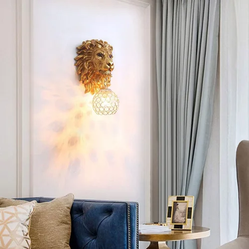 Miniatura 3 de Juego de 2 apliques de pared con cabeza de león dorados, lámpara de pared moderna de lujo con forma de globo de cristal, cabeza de animal de resina