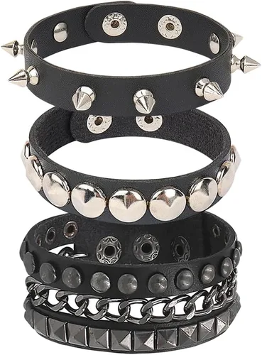 3 pulseras de cuero sintético de correa ancha, pulseras punk vintage, pulseras negras, pulseras anchas con tachuelas, pulseras ajustables para