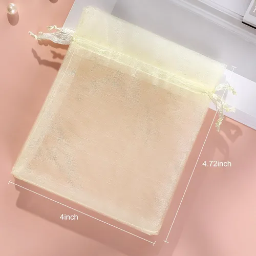 Miniatura 2 de Hopttreely 100 bolsas de organza, 4''x4.72'' bolsitas de organza de satén amarillo pastel con cordón para favores de boda y fiesta, bolsa de regalo