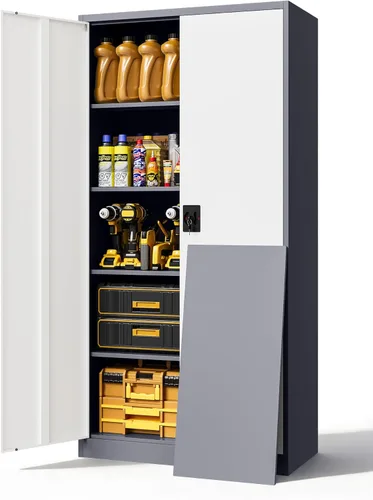 Miniatura 30 de Armario de almacenamiento de metal, archivador alto con 2 estantes ajustables y cajón, gabinete de herramientas de acero con cerradura para oficina