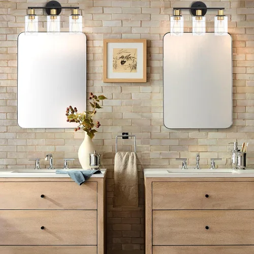 Miniatura 6 de Lámpara de tocador de 3 luces negra y dorada sobre el espejo, lámparas de pared de baño con pantalla de vidrio transparente que incluye base mediana