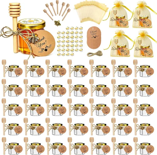 Miniatura 10 de IIKUM Paquete de 20 tarros de miel de vidrio, tarros hexagonales de miel de 1.5 onzas con tapas, cucharitas de miel de madera, colgantes de abeja