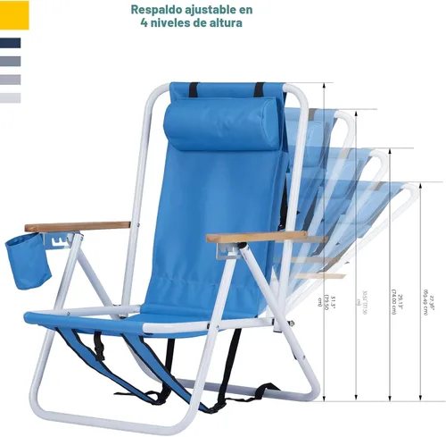 Miniatura 4 de Outvita Silla de playa plegable con reposacabezas ajustable de 4 ángulos de inclinación flexibles, con soporte para tazas, portátil, de alta Azul