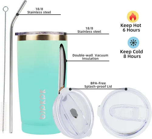 Miniatura 2 de BJPKPK - Vaso de 20 onzas con aislamiento de acero inoxidable, taza de café en color bloque con tapa y pajilla, taza térmica para viajes de doble