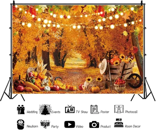 Miniatura 3 de Telón de fondo de bosque de otoño de 5 x 3 pies para fotografía, calabazas de otoño, hojas de arce, fondo para decoración de fiesta de cosecha