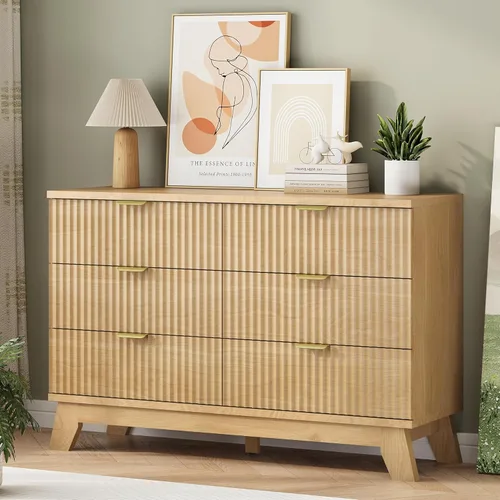 Miniatura 4 de Xixini - Cómoda moderna de madera acanalada para dormitorio, sala estar, pasillo o armario, para organizar y almacenar ropa o soporte de TV, 6 Roble