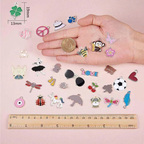 Miniatura 3 de SUNNYCLUE 1 caja de 30 estilos, 30 piezas de dijes esmaltados surtidos chapados en plata, unicornio, animales, corazón, flor, joyería, colgantes