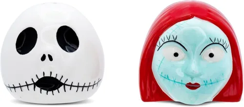 Disney The Nightmare Before Christmas Jack and Sally - Juego de 2 saleros y pimenteros de cerámica, recipientes dispensadores de especias