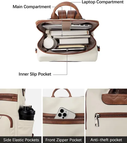 Miniatura 3 de Mochila de cuero PU para portátil BOSTANTEN para mujer, mochila de viaje de diseñador con compartimento para portátil, bolsos de hombro