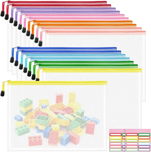 Miniatura 47 de 9 bolsas de malla con cremallera, tamaños A3, 9 colores, almacenamiento de juegos de mesa, viajes, escuela, organización de oficina